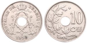 Belgium, Kingdom, Albert I, 10 Centimes Nickel-Brass 1930FR, Center hole within crowned monogram, Morin 424a, RARE DATE !, XF
