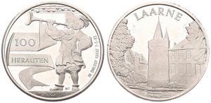Belgium, Kingdom, Baudouin I, Laarne - 100 Herauten in Copper-Nickel 1982, View on the famous castle / Medieval bugler with trumpet, GMJ 1982/161c, VERY RARE, UNC