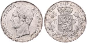 Belgium, Kingdom, Leopold I, 5 Francs Silver 1851, Bare head left, Morin 41, XF