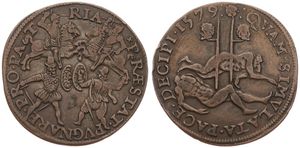 Spanish Netherlands, Philip II, Token in Copper 1579, Exhortation to continue the war against Spain: Praestat. Pvgnare. Pro. Pa. T. Ria. / Qvam. Simvlata. Pace. Decipi, Dugniolle 2778, VF 