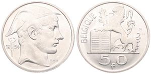 Belgium, Kingdom, Baudouin I, 50 Francs Silver 1954FR, Helmeted head of Mercurius right, Morin 540, SCARCER DATE !, UNC