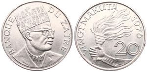 Zaire, Republic, 20 Makuta Copper-Nickel 1976, Bust of Mobutu right, KM 8, UNC