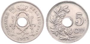 Belgium, Kingdom, Albert I, 5 Centimes Copper-Nickel 1923FR, Center hole within crowned monogram, Morin 363, UNC