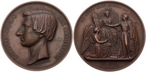 Belgium, Kingdom, Leopold I, Medal in Bronze 1853 by L. Wiener, Head of Leop. Lud. Ph. M.V. Dux Brabantiae left / Allegorical figure on throne flanked by an angel and a man, VF 