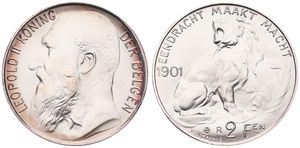 Belgium, Kingdom, Leopold II, Restrike : 2 Francs Silver 1901FL, Bearded head left, GR-BR 3968, MATTE PROOF 