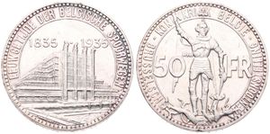 Belgium, Kingdom, Leopold III, 50 Francs Silver 1935FL (Position B), 100th Anniversary of Belgian Railways & World Exhibition in Brussels, Morin 443b, A.UNC