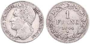 Belgium, Kingdom, Leopold I, 1 Franc Silver 1844, Laureate head left, Morin 27, VF