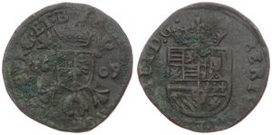 Spanish Netherlands, Albrecht & Isabella, 1 Oord Copper 1609, Crowned arms / Crowned city coat of arms on cross, VH 603.SH - 'S-Hertogenbosch, A.VF