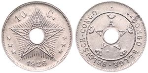 Belgian Congo, Colony, Albert I, 10 Centimes Copper-Nickel 1928, Center hole flanked by crowned monograms within beaded circle, KM 18, A.UNC