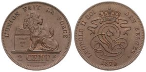 Belgium, Kingdom, Leopold II, 2 Centimes Copper 1870FR, Seated lion with tablet, Morin 207, UNC