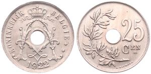 Belgium, Kingdom, Albert I, 25 Centimes Copper-Nickel 1922FL, Center hole within crowned monogram, Morin 327, UNC