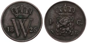 Netherlands, Kingdom, William I, 1 Cent Copper 1826B, Crowned arms, KM 47, (Brussels), VF