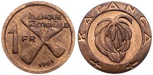 Katanga, Province, 1 Franc Bronze 1961, Bananas within inner circle, KM 1, UNC