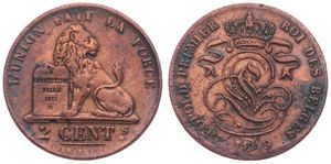 Belgium, Kingdom, Leopold I, 2 Centimes Copper 1849, Seated lion with tablet, Morin 98, A.VF (cleaned)