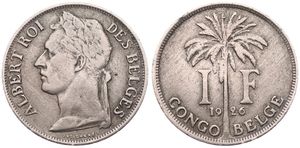 Belgian Congo, Colony, Albert I, 1 Franc Copper-Nickel 1926, Laureate head of the King left, KM 20 French Legend, VF
