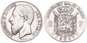 Belgium, Kingdom, Leopold II, 2 Francs Silver 1887FL, Bearded head left, Morin 171, SCARCE DATE IN FLEMISH, A.VF
