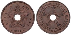 Congo Free State, Royal Domain, Leopold II, 2 Centimes Copper 1888, Center hole flanked by crowned monograms within beaded circle, KM 2, UNC (minor edgenicks)