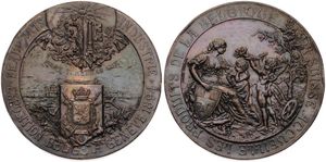 Belgium, Kingdom, Leopold II, Medal in metal 1894 by G. Hantz, Exposition Belge à Geneve, Allegorical scene - Switzerland receives Belgian products / Arms of Switzerland & Belgium, XF 