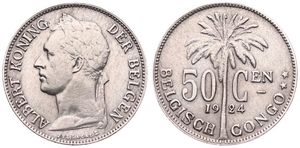 Belgian Congo, Colony, Albert I, 50 Centimes Copper-Nickel 1924, Laureate head of the King left, KM 23 Flemish Legend, XF