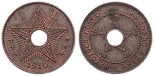 Belgian Congo, Colony, Albert I, 1 Centime Copper 1910, Center hole flanked by crowned monograms within beaded circle, KM 15, A.UNC