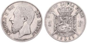 Belgium, Kingdom, Leopold II, 1 Franc Silver 1869FR, Bearded head left, Morin 175, Fine