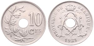 Belgium, Kingdom, Albert I, 10 Centimes Copper-Nickel 1921FR, Center hole within crowned monogram, Morin 339a, VARIETY WITH INCOMPLETE DASH BELOW CES, VF