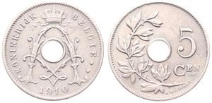 Belgium, Kingdom, Albert I, 5 Centimes Copper-Nickel 1910FL, Center hole within crowned monogram, Morin 354a, VARIETY WITH 2 DOTS ON IJ FROM KONINKRIJK !, VF