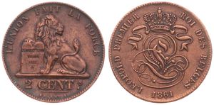 Belgium, Kingdom, Leopold I, 2 Centimes Copper 1861, Seated lion with tablet, Morin 109, A.XF