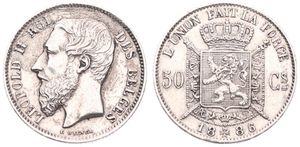 Belgium, Kingdom, Leopold II, 50 Centimes Silver 1886/61FR, Bearded head left, Morin 184b, A.XF (some scratches)