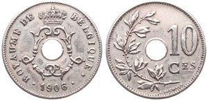 Belgium, Kingdom, Leopold II, 10 Centimes Copper-Nickel 1906/05FR, Center hole within crowned monogram, Morin 266a, VF (slightly cleaned)