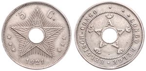 Belgian Congo, Colony, Albert I, 5 Centimes Copper-Nickel 1921, Center hole flanked by crowned monograms within beaded circle, KM 17, XF