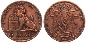 Belgium, Kingdom, Leopold I, 5 Centimes Copper 1847, Seated lion with tablet, Morin 74, VF/XF (cleaned)