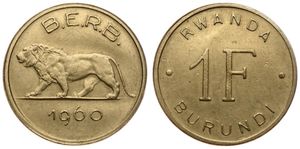 Rwanda-Burundi, Provinces, 1 Franc Brass 1960, Lion walking left, KM 1, KEY DATE, A.UNC