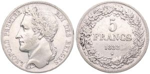Belgium, Kingdom, Leopold I, 5 Francs Silver 1833, Laureate head left, Morin 8a (Position A), VF