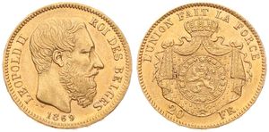 Belgium, Kingdom, Leopold II, 20 Francs Gold 1869, Bearded head right, Morin 143a (Position B), XF (*)