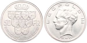 Belgium, Kingdom, Leopold III, 50 Francs Silver 1940FR/FL (Position A), Crown above nine shields, Morin 446a, UNC