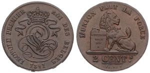 Belgium, Kingdom, Leopold I, 2 Centimes Copper 1841, Seated lion with tablet, Morin 91, SCARCER DATE & VARIETY : ACCENT / ON E IN LEOPOLD, XF
