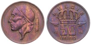 Belgium, Kingdom, Baudouin I, 50 Centimes Bronze 1956FL, Helmeted mine worker left, Morin 662, VARIETY WITH SOME DASHES IN EAR, XF