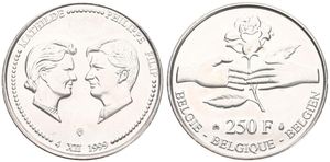 Belgium, Kingdom, Albert II, 250 Francs Silver 1999, Royal Wedding of Prince Philip & Mathilde, Morin 983, UNC