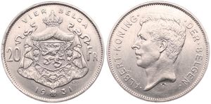 Belgium, Kingdom, Albert I, 20 Francs (4 Belgas) Nickel 1931FL (Position A), Head left, Morin 377a, XF