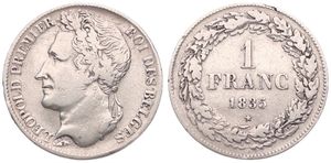 Belgium, Kingdom, Leopold I, 1 Franc Silver 1835, Laureate head left, Morin 24, VF