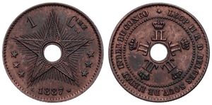 Congo Free State, Royal Domain, Leopold II, 1 Centime Copper 1887, Center hole flanked by crowned monograms within beaded circle, KM 1, UNC