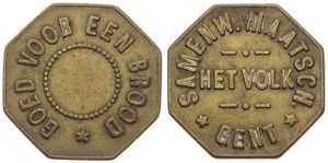 Belgium, Kingdom, Gent, Token in Brass ND, Goed voor een Brood / Samenwerkende Maatschappij Het Volk in Gent, XF