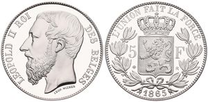 Belgium, Kingdom, Leopold II, Restrike : 5 Francs Silver 1865, Bearded head left, GR-BR 3967, VARIETY WITH ENGRAVER'S NAME BELOW TRUNCATION, PROOF 