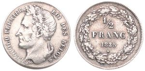 Belgium, Kingdom, Leopold I, 1/2 Franc Silver 1835, Laureate head left, Morin 30, A.XF