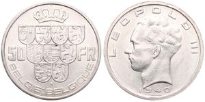 Belgium, Kingdom, Leopold III, 50 Francs Silver 1940FL/FR (Position A), Crown above nine shields, Morin 447a, XF/AU