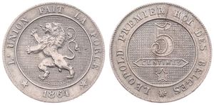 Belgium, Kingdom, Leopold I, 5 Centimes Copper-Nickel 1864, Rampant lion within circle left, Morin 140, SCARCER KEY DATE !, XF