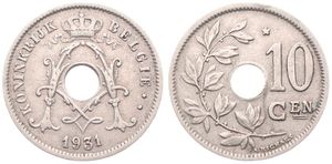Belgium, Kingdom, Albert I, 10 Centimes Nickel-Brass 1931FL, Center hole within crowned monogram, Morin 427b, SCARCER DATE, VF