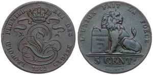 Belgium, Kingdom, Leopold I, 5 Centimes Copper 1842, Seated lion with tablet, Morin 73, VARIETY WITH / ON E IN LEOPOLD, VF/XF