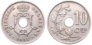 Belgium, Kingdom, Leopold II, 10 Centimes Copper-Nickel 1902FL, Center hole within crowned monogram, Morin 259, A.UNC
